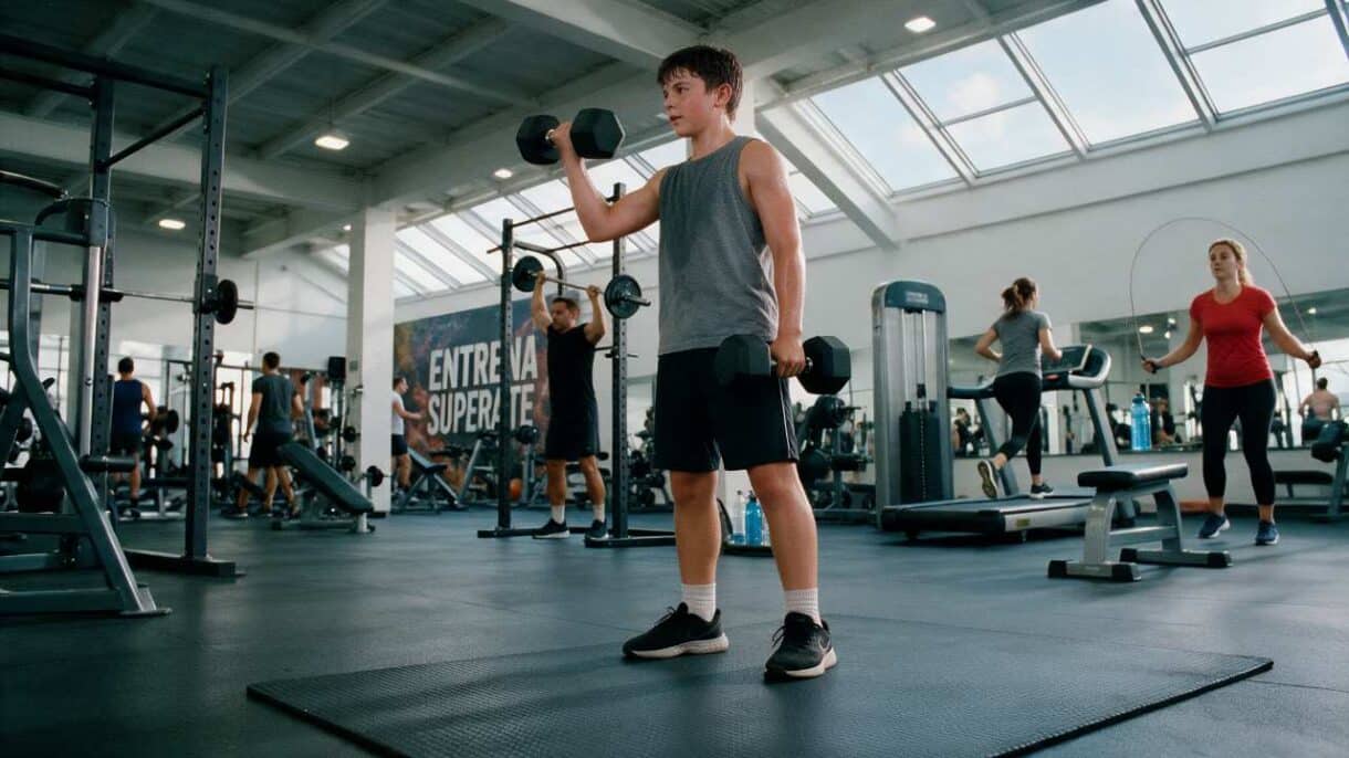 Adolescente en el gimnasio levantando pesas.