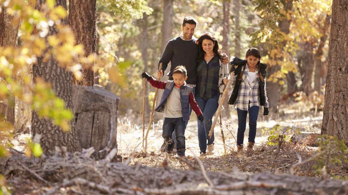 Familia con niños interactuando con la naturaleza, representando hábitos sencillos de crianza ecológica para criar hijos más conscientes.