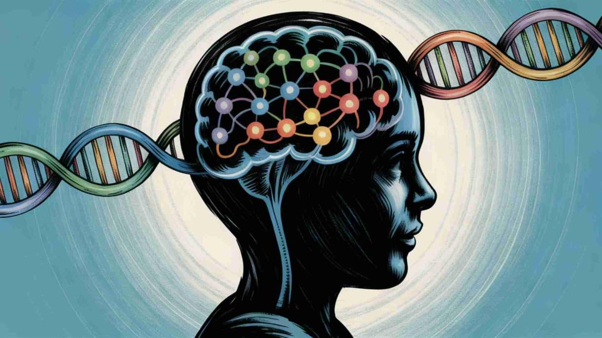 Ilustración de una silueta de cabeza humana con redes neuronales iluminadas y cadenas de ADN, representando la genética de los trastornos psiquiátricos.