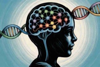 Ilustración de una silueta de cabeza humana con redes neuronales iluminadas y cadenas de ADN, representando la genética de los trastornos psiquiátricos.