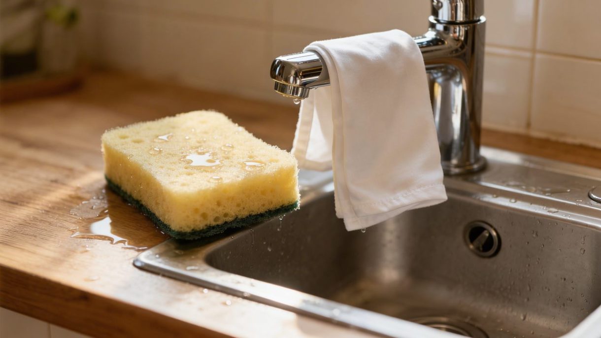 Esponja de cocina húmeda junto a trapo limpio secándose
