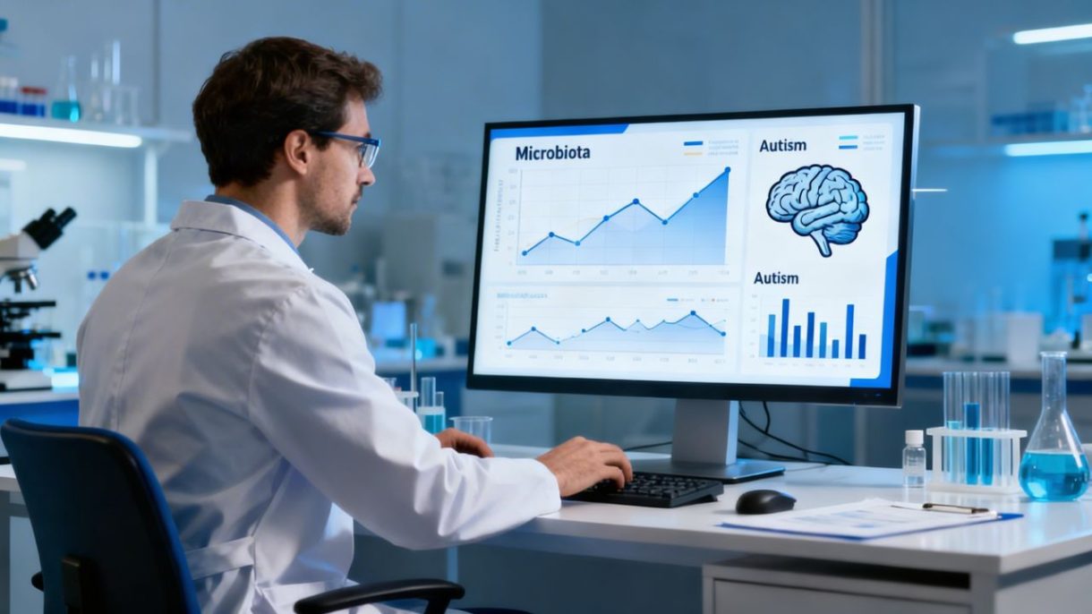 Científico analizando datos sobre microbiota y autismo, con iconos de cerebro.