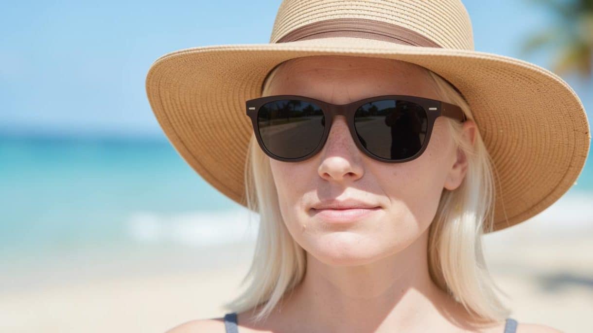 Persona albina utilizando gafas de sol y protección solar para cuidar su piel y visión.