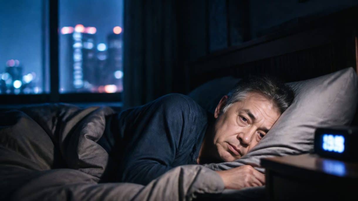 Persona mayor con dificultades para dormir por exposición a luz nocturna