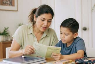 Madre revisando la cartilla de vacunación de su hijo antes del regreso a clases