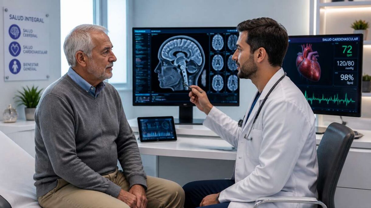 hombre mayor con un profesional sanitario revisando su salud cerebral y cardiovascular