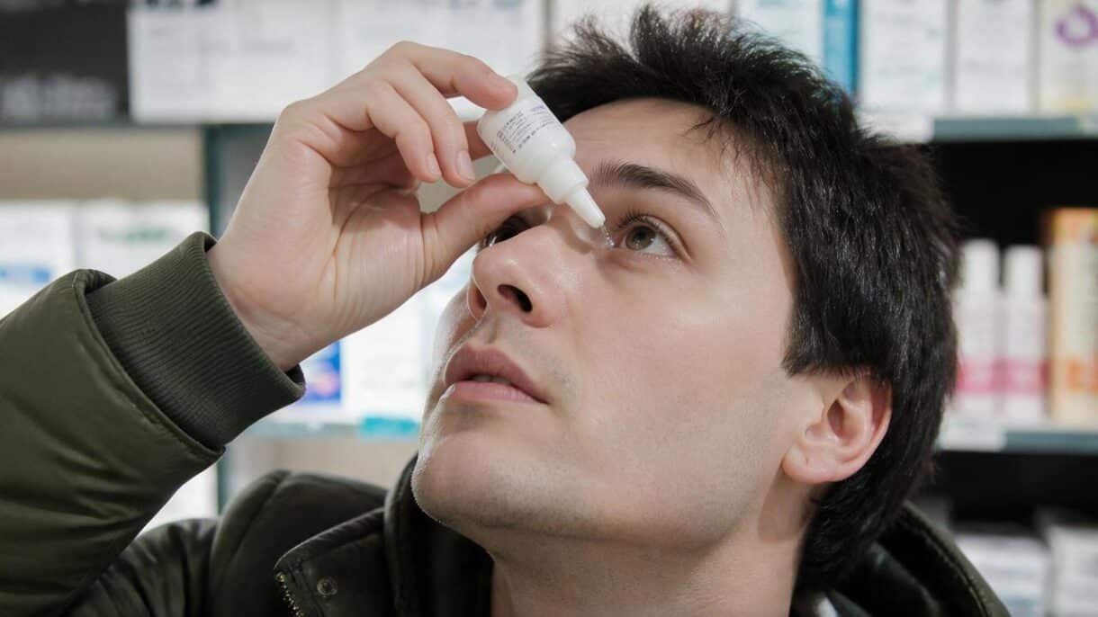 Persona aplicándose gotas para los ojos sin tocar el ojo con el gotero