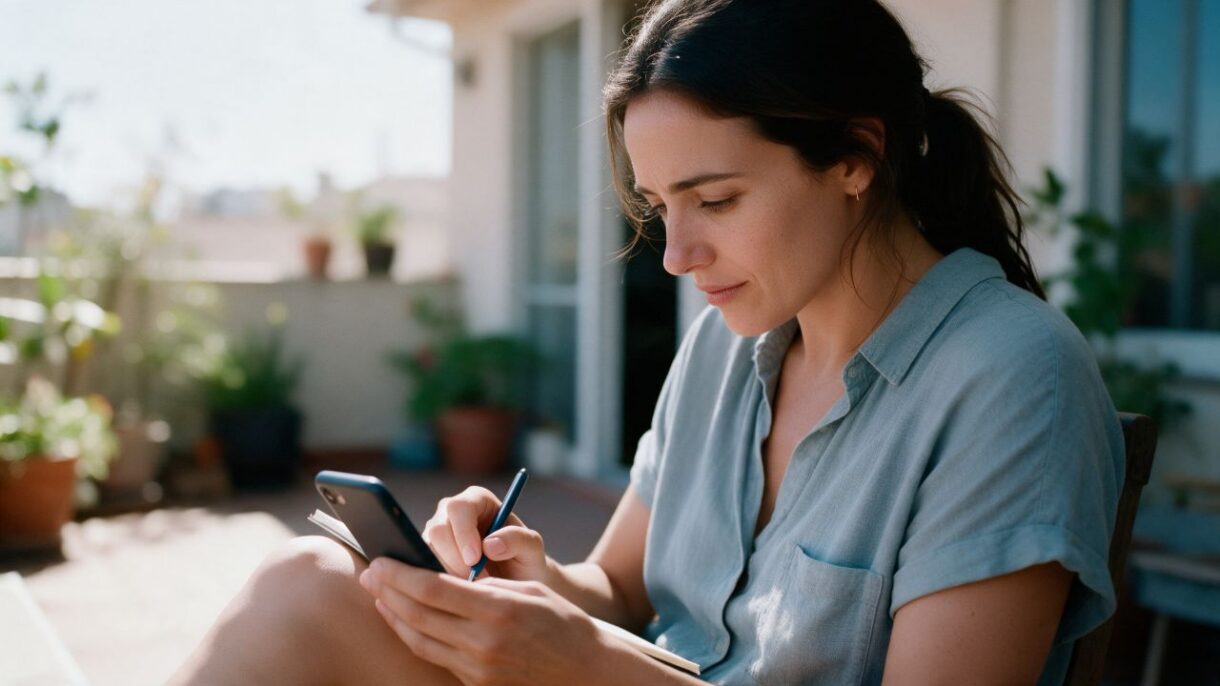 Mujer escribiendo un mensaje a su médico a través del portal del paciente desde su teléfono