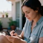 Mujer escribiendo un mensaje a su médico a través del portal del paciente desde su teléfono