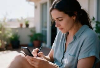 Mujer escribiendo un mensaje a su médico a través del portal del paciente desde su teléfono